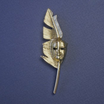 Brooch pendant Writer's Feather with Mask in dark antique gold metal 80×23 mm-+
