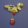 Brooch with pendant Raspberry red and green enamel on golden metal 43x55mm+