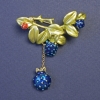Raspberry pendant brooch, blue and green enamel on gold-tone metal, 43x55mm+