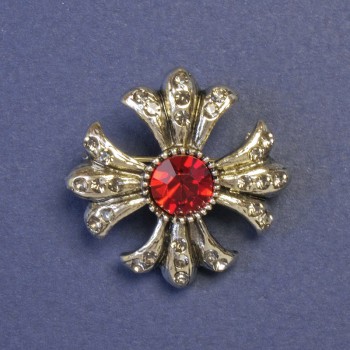 Accent Brooch with Red Crystal Maltese Cross 30x30 mm ± Silver-Toned Metal