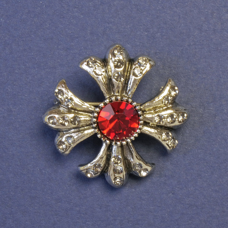 Accent Brooch with Red Crystal Maltese Cross 30x30 mm ± Silver-Toned Metal