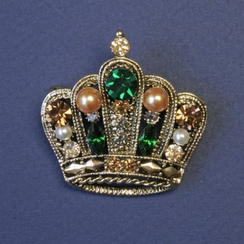 Brooch Crown with Green and Yellow Rhinestones and Pearls, 40x40 mm, +/- gold-tone metal