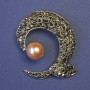 Accent Brooch with Brown Pearl and Gray Rhinestones, 45x48 mm +/- Bronze Metal
