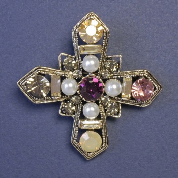 Maltese Cross Brooch Encrusted with White Pearls and Multicolored Rhinestones, 52x52 mm ± Silver Metal