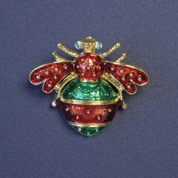 Beetle Brooch with Red and Green Enamel on Gold-Tone Metal, 32x38 mm