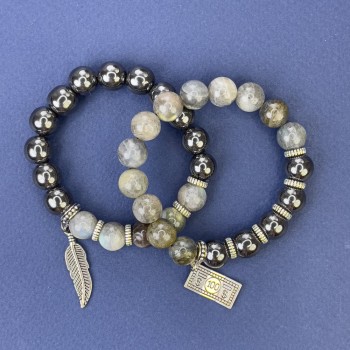 Set of Labradorite and Hematite bracelets with smooth beads 10mm +/- with metal inserts, length 18cm +/- stretch