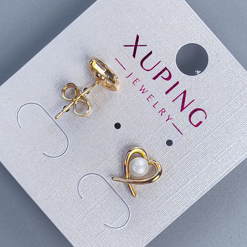 Сережки пусети кульчики Xuping Серце з перлиною, діаметр 4мм+- 9х9мм+- позолота 18к