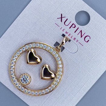 Xuping Pendant "Two Hearts" with White Crystals, diameter 26 mm ±, thickness 3 mm ±, length 32 mm ±, gold plated