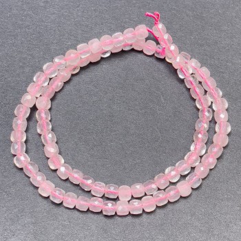 Pink Quartz Beads on Thread, Faceted Cubes, 4 mm Diameter, 39 cm Length