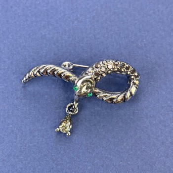 Brooch 'Snake' in Gray with Gray Crystals, Silver-Tone Metal 39×22 mm+