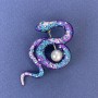 Brooch 'Snake' purple-blue enamel with iridescent crystals and pearl, silver-tone metal 46x25mm +