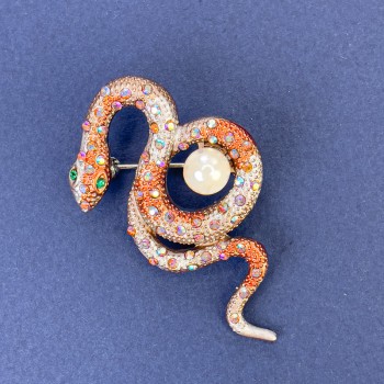 Snake Brooch with orange enamel and iridescent rhinestones and pearl, silver-tone metal 46x25mm +