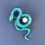 Snake Brooch with Blue Enamel and Pearl, Silver-Toned Metal 46×25mm +