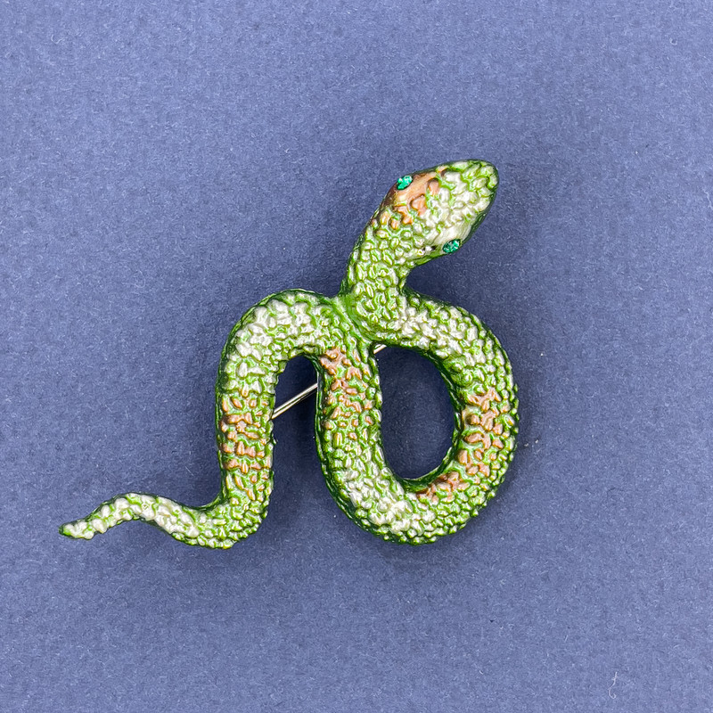 Brooch pendant 'Snake' with light-green enamel, green crystals, silver-tone metal, 53×32 mm +