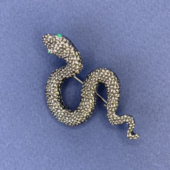 Brooch-pendant Snake with green crystals, silver-colored metal, 30x55mm +