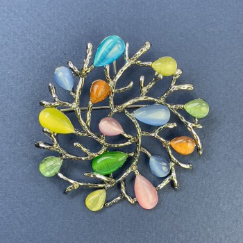 Branchlets Multicolored Cat's Eye Brooch-Pendant in Silver Metal, 54mm Diameter+