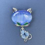 Brooch Cat Blue Cat's Eye White Crystals Silvery Metal 34x58mm+