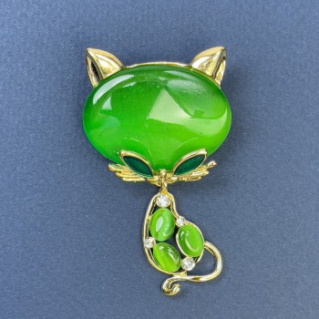 Cat Brooch with Green Cat's Eye, White Crystals, Golden Metal, 34x58mm+