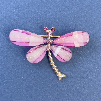 Butterfly Brooch with White and Pink Crystals, Light Purple Color, Gold-Tone Metal, 40mm Diameter ±, 30mm Length ±
