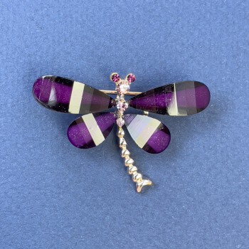 Butterfly Brooch with White and Pink Rhinestones, violet color, gold-toned metal, diameter 40mm ±, length 30mm ±