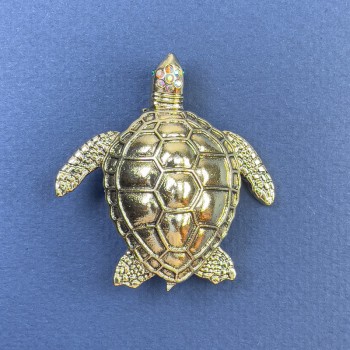 Rainbow Crystal Turtle Brooch-Pendant in Gold-Tone Metal, 44mm Diameter, 47mm Length