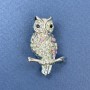 Owl Brooch with Black, White and Rainbow Rhinestones, Silver Metal, Diameter 22 mm, Length 32 mm