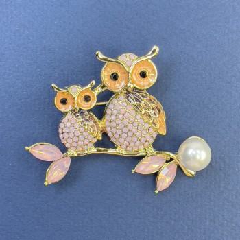 Owl Brooch with Pearl, Pink Crystals, Enamel, Golden Metal, diameter 55 mm ±, length 45 mm ±