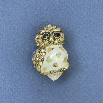Owl brooch-pendant with halloysite rainbow rhinestones, gold-tone metal, diameter 20mm ±, length 30mm ±
