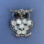 Brooch-Pendant Owl with Gray Cat's Eye, Gray Crystals, Silver Metal, diameter 36 mm ±, length 45 mm ±