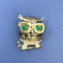Owl brooch-pendant with green rhinestones, bronze enamel, gold-tone metal, diameter 23mm, length 32mm