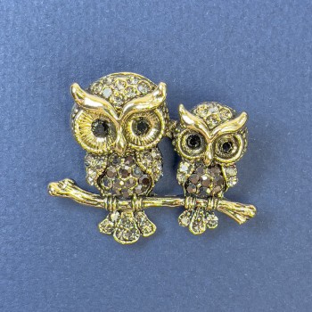 Owl Brooch with Gray Rhinestones, Gold-Tone Metal, 35 mm Diameter, 28 mm Length