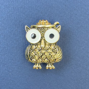 Brooch 'Owl' with White Enamel and Yellow Crystals, Gold-Toned Metal, Diameter 22mm +-, Length 29mm +-