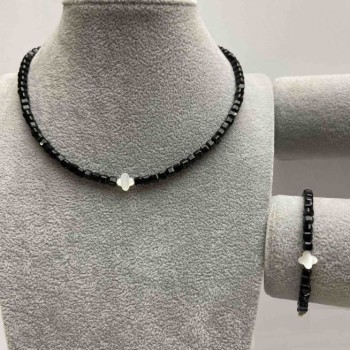 Tourmaline Faceted Cube Choker and Bracelet Set, 4x4 mm Cube, with Mother-of-Pearl Inlay, Length 35-40 cm, with Clasp