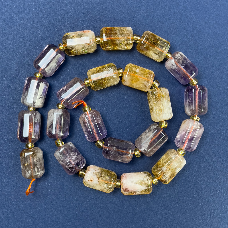 Citrine and Amethyst Beads, Faceted Cylinder 14x10mm ±, with Seed Beads, on Thread, Length 39cm ±