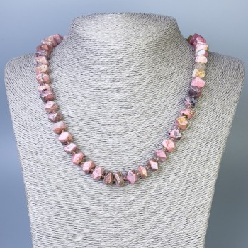 Faceted rhodonite necklace, 10–13×7 mm beads, 50 cm length with clasp