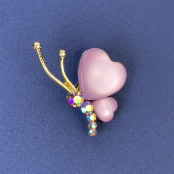 Butterfly Brooch, diameter 34x21 mm +/- purple Cat's Eye with crystals, gold-tone metal