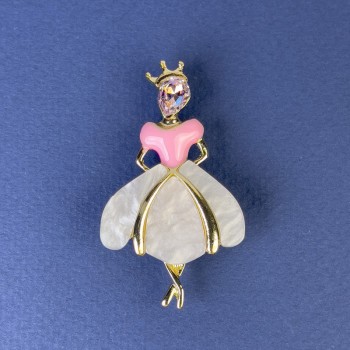 Princess Pearlescent Brooch-Pendant in Golden Metal, 50x28mm ± Pink Crystal