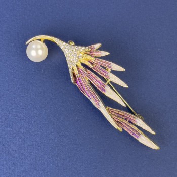 Brooch 'Twig with Pearl' and White Crystals in Gold-Toned Metal 74x24mm+