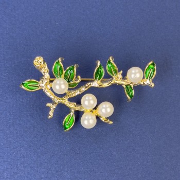 Brooch "Sprigs" with Pearls, golden metal 48x32mm+