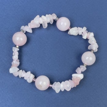 Bracelet Pink Quartz, Smooth 12 mm Beads with 8x4 mm Chips, with Seed Beads, Length 18 cm, Stretchy