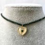 Choker with Green Aventurine (synthetic) Faceted Cubes, 2mm diameter ±, Heart Pendant, Gold-Tone Metal, Length 36–41 cm