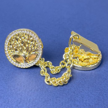 Brooch for cardigans, golden metal, white crystals, diameter 20 mm ±, chain length 9 cm ±
