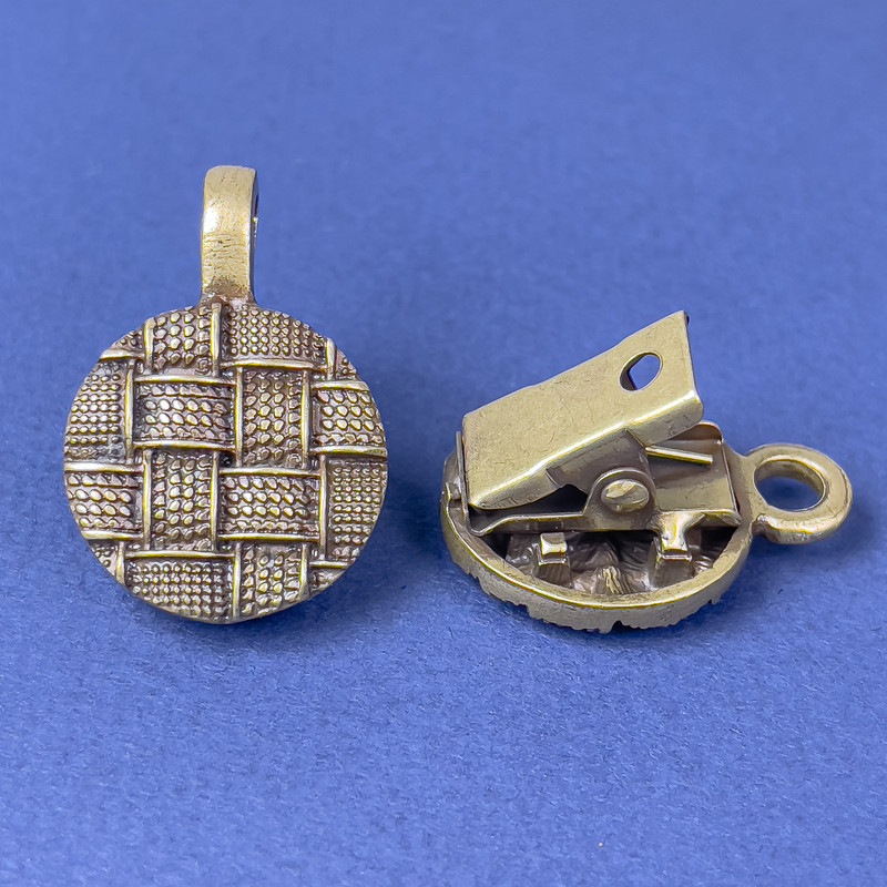 Brooch clasp for cardigan, dark-gold metal, diameter 20 mm, length 52 mm
