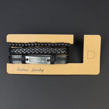 Triple bracelet, eco-leather with cross insert, draw-tight closure, length 18-24 cm, black