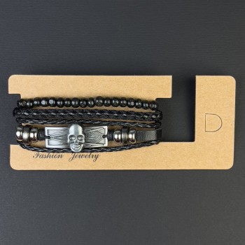 Triple eco-leather bracelet with skull inlay and adjustable clasp, length 18-24 cm, black