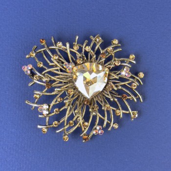 Brooch Accent with Yellow Rhinestones and Yellow Crystal, Bronze-Colored Golden Metal, Diameter 55 mm +