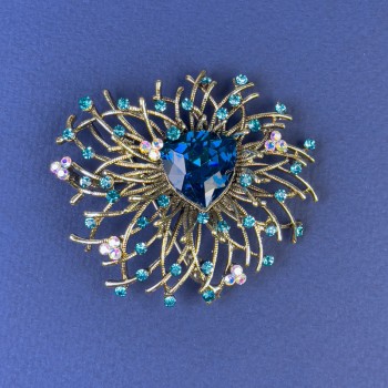 Accent Brooch with light blue rhinestones and blue crystal bronze-gold metal, diameter 55mm +