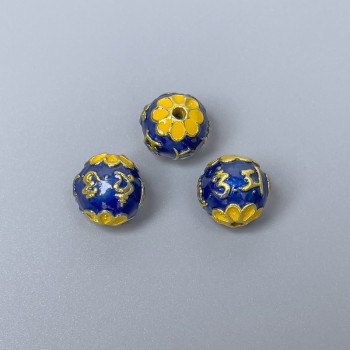 Cloisonné Bead blue-yellow enamel, 10mm diameter, hole diameter 1.5mm, gold-tone metal color, 1 pc