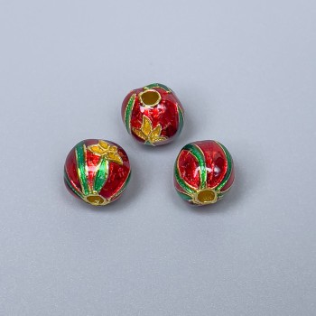 Cloisonné Bead Findings red, green, yellow enamel, diameter 9×9.5 mm, hole diameter 2.1 mm, gold-toned metal color, 1 pc