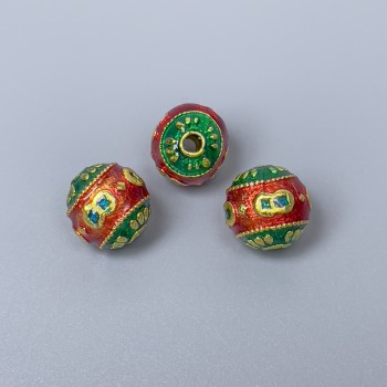 Cloisonne Bead, Red and Green Enamel, 10 mm Diameter, 2 mm Hole, Gold-Tone Metal, 1 pc